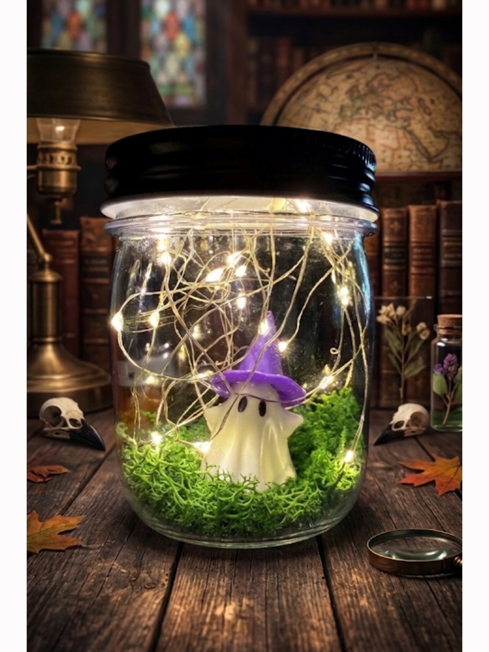Fairy Light Ghost Jar with Purple Hat
